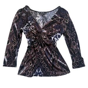 Vintage Y2K LILY Brown Animal Print Top V Neck 3/4 Sleeves Twist Front Stretch S